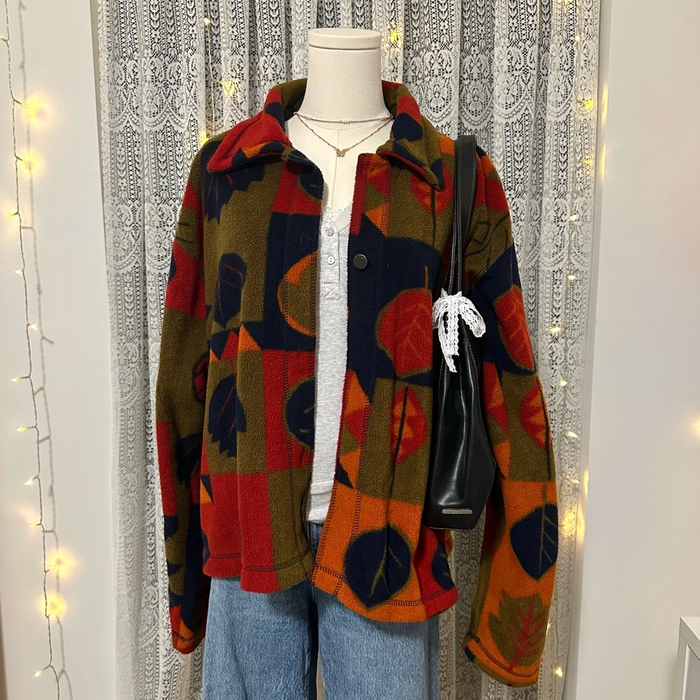 Vintage Falls Creek Fleece Sweater Women’s Multicolor Autumn Leaf Fall Button Up